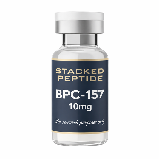 Vial labeled 'Stacked Peptide BPC-157 10mg' on a white background